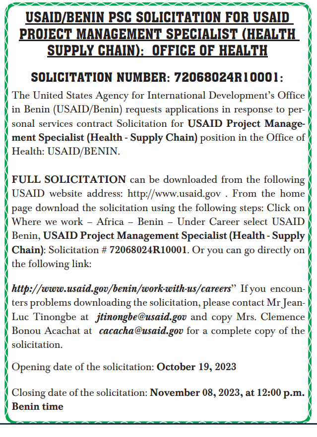 Recrutement de 01 Project Management Specialist (Health-Supply Chain)